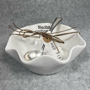 Mud Pie Nacho Ordinary Salsa Dish Embossed Spoon Set Serve‎ Ware White Ceramic